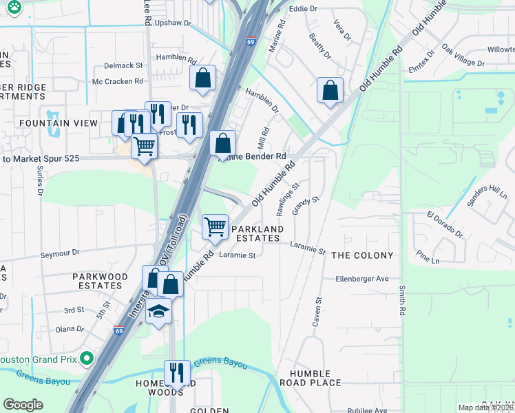 map of restaurants, bars, coffee shops, grocery stores, and more near 14310 Old Humble Road in Humble