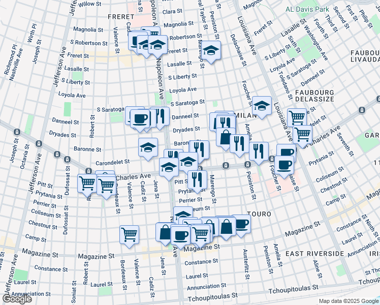 map of restaurants, bars, coffee shops, grocery stores, and more near 4223 Carondelet Street in New Orleans