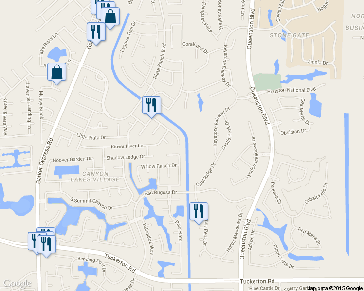 map of restaurants, bars, coffee shops, grocery stores, and more near 10406 Indian Paintbrush Lane in Houston
