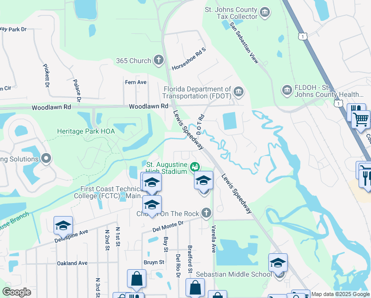 map of restaurants, bars, coffee shops, grocery stores, and more near 2384 D O T Road in St. Augustine
