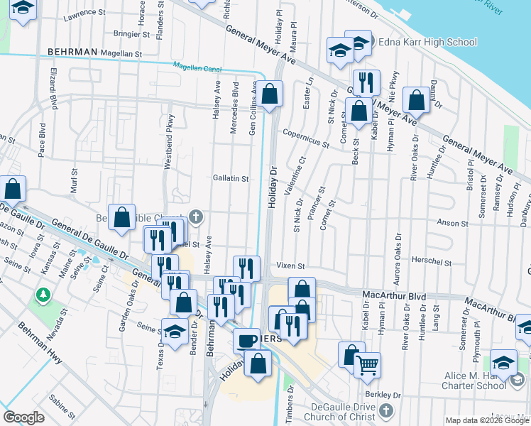 map of restaurants, bars, coffee shops, grocery stores, and more near 2576 Holiday Drive in New Orleans