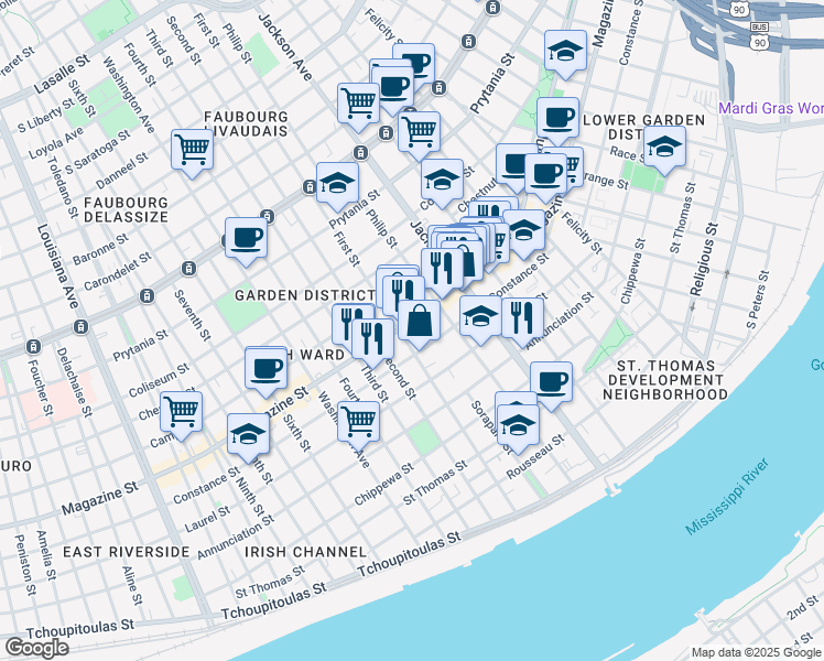 map of restaurants, bars, coffee shops, grocery stores, and more near 2331 Constance Street in New Orleans