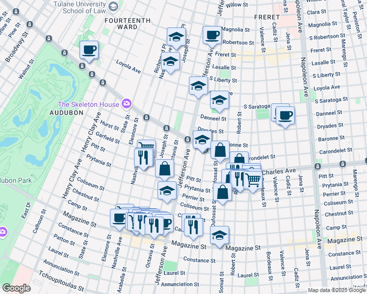 map of restaurants, bars, coffee shops, grocery stores, and more near 1535 Octavia Street in New Orleans