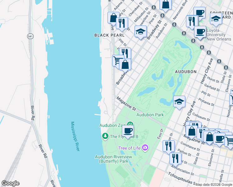 map of restaurants, bars, coffee shops, grocery stores, and more near 210 Audubon Street in New Orleans