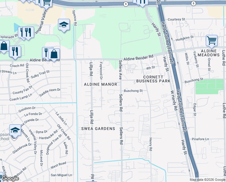 map of restaurants, bars, coffee shops, grocery stores, and more near 15703 Sellers Road in Houston