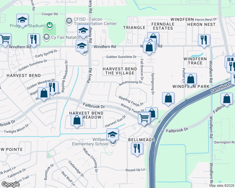 map of restaurants, bars, coffee shops, grocery stores, and more near 11007 Early Harvest Circle in Houston