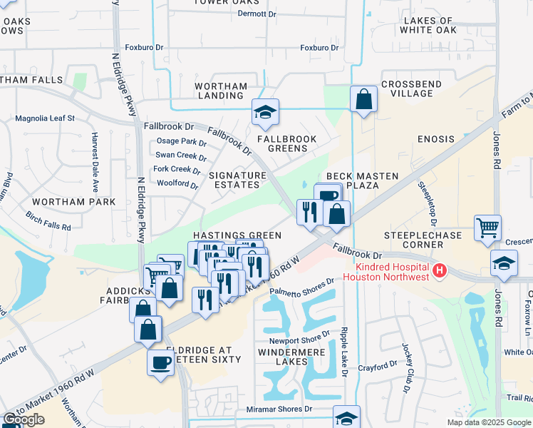 map of restaurants, bars, coffee shops, grocery stores, and more near 11707 Fallbrook Drive in Houston