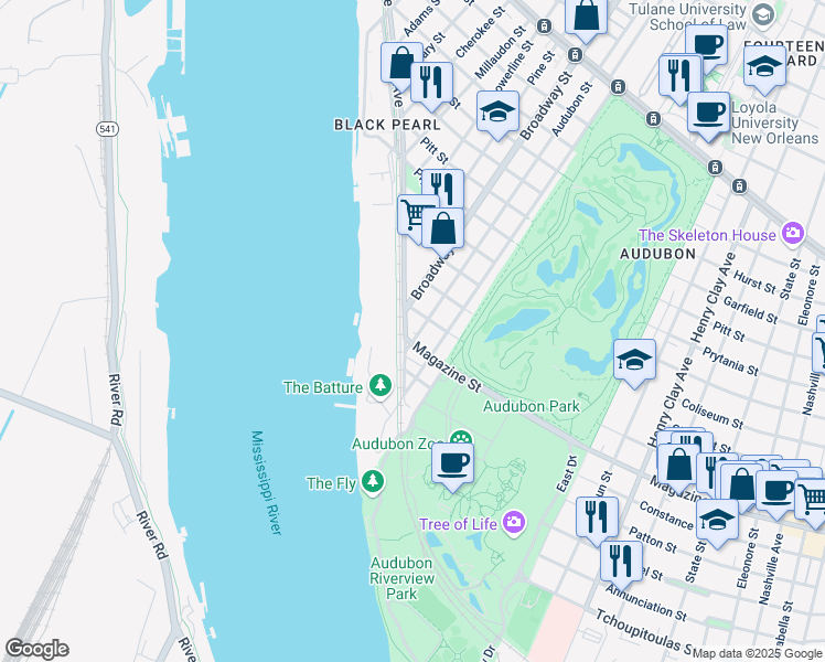 map of restaurants, bars, coffee shops, grocery stores, and more near 210 Audubon Street in New Orleans