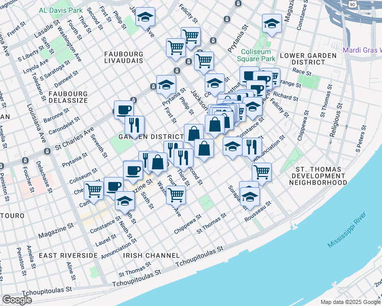 map of restaurants, bars, coffee shops, grocery stores, and more near 2407 Magazine Street in New Orleans