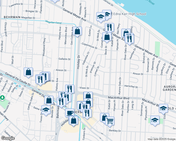 map of restaurants, bars, coffee shops, grocery stores, and more near 2546 Saint Nick Drive in New Orleans