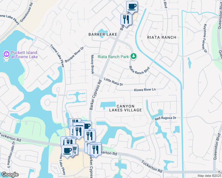 map of restaurants, bars, coffee shops, grocery stores, and more near 10414 Sequoia Pass Court in Houston