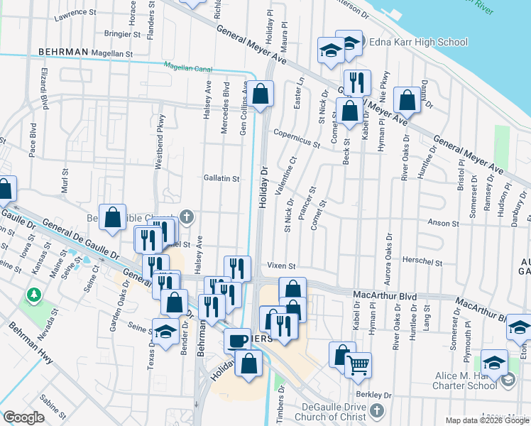 map of restaurants, bars, coffee shops, grocery stores, and more near 2576 Holiday Drive in New Orleans