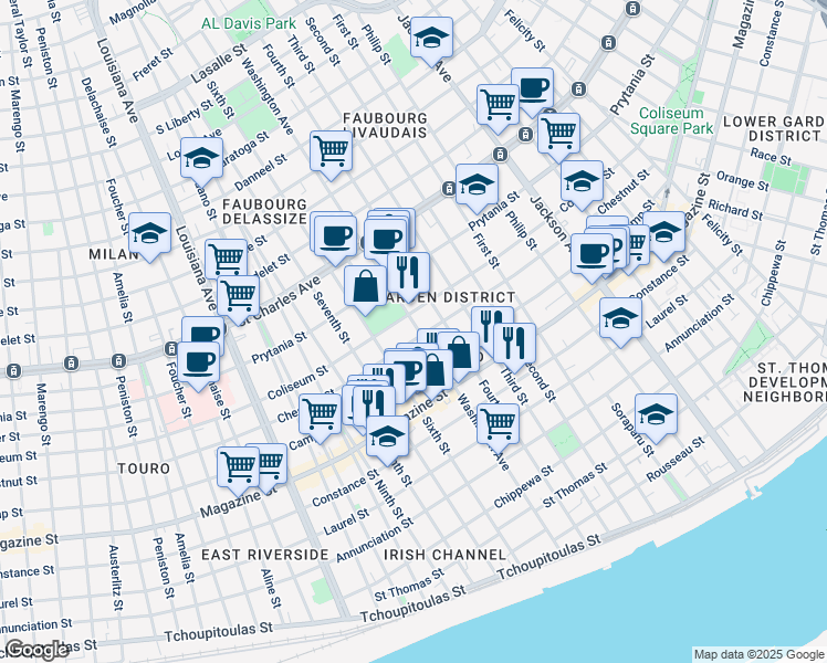 map of restaurants, bars, coffee shops, grocery stores, and more near 1308 Washington Avenue in New Orleans