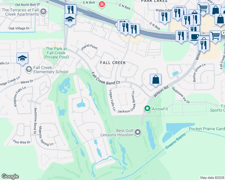map of restaurants, bars, coffee shops, grocery stores, and more near 14618 Logan Falls Lane in Humble