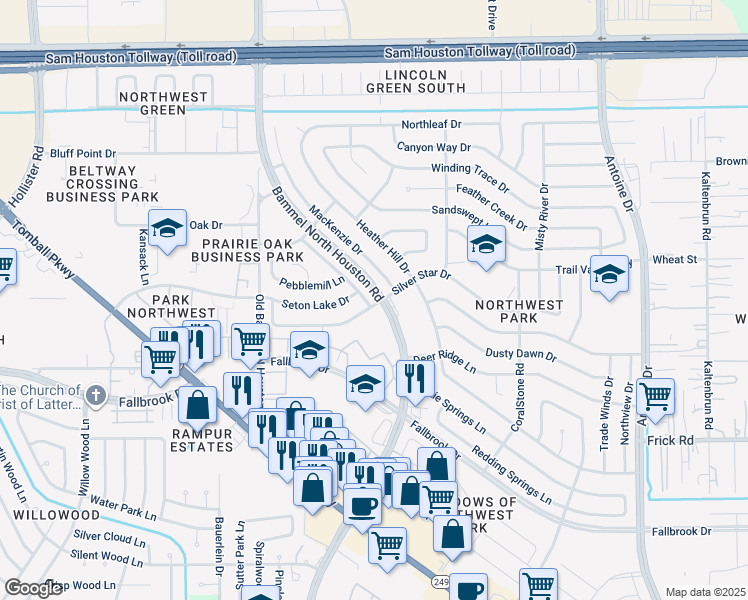 map of restaurants, bars, coffee shops, grocery stores, and more near 10402 Canyon Crest Lane in Houston