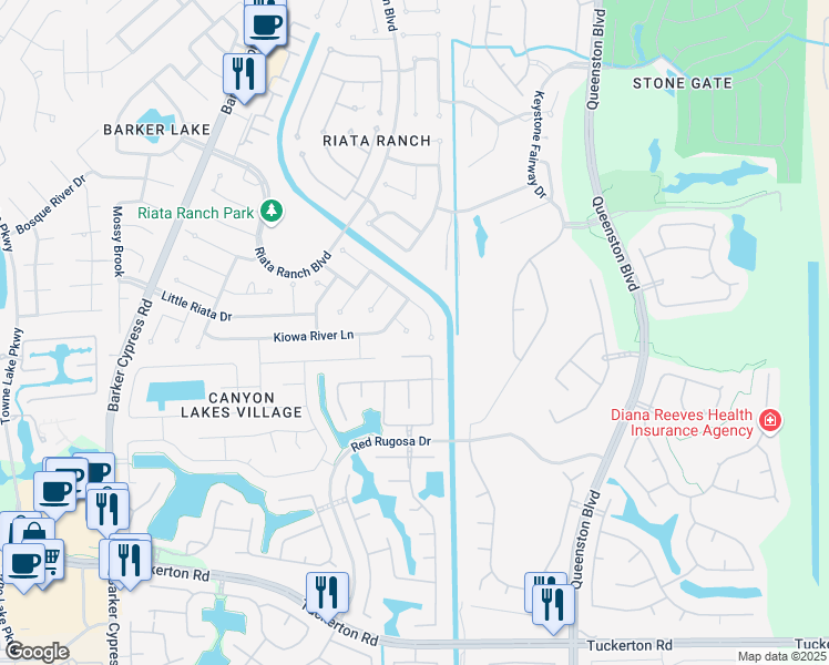 map of restaurants, bars, coffee shops, grocery stores, and more near 10406 Comanche Springs Court in Houston