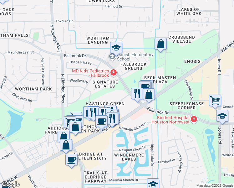 map of restaurants, bars, coffee shops, grocery stores, and more near 11707 Fallbrook Drive in Houston