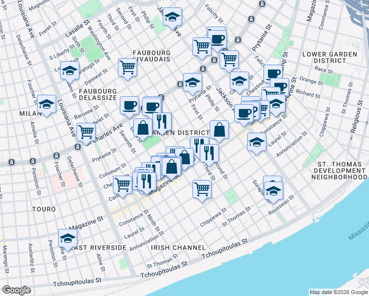 map of restaurants, bars, coffee shops, grocery stores, and more near 1217 Fourth Street in New Orleans