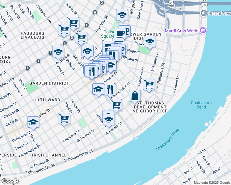 map of restaurants, bars, coffee shops, grocery stores, and more near 801 Josephine Street in New Orleans