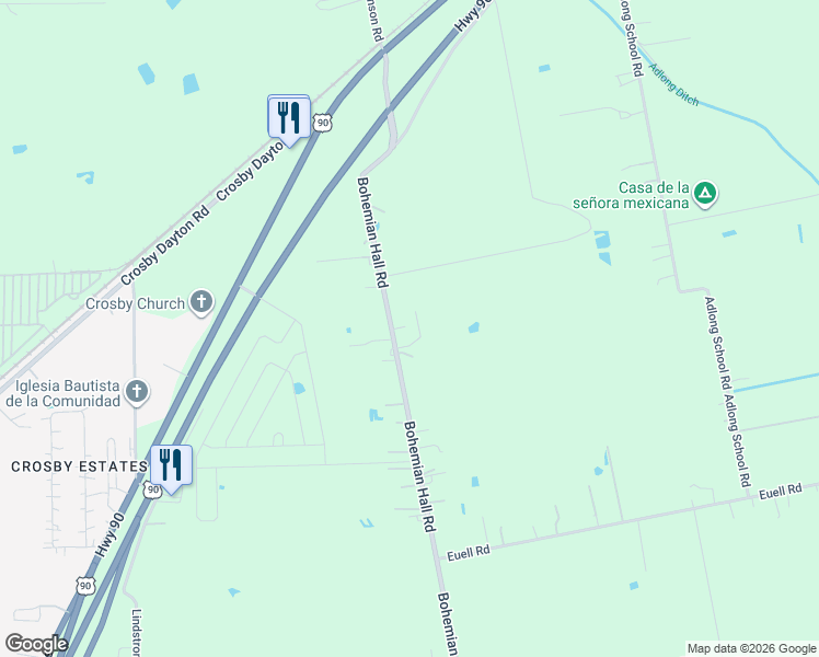 map of restaurants, bars, coffee shops, grocery stores, and more near 16860-16898 Bohemian Hall Road in Crosby