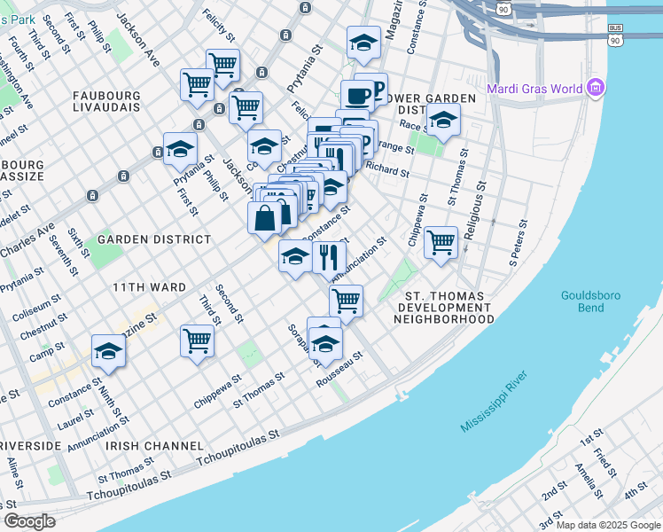 map of restaurants, bars, coffee shops, grocery stores, and more near 837 Jackson Avenue in New Orleans