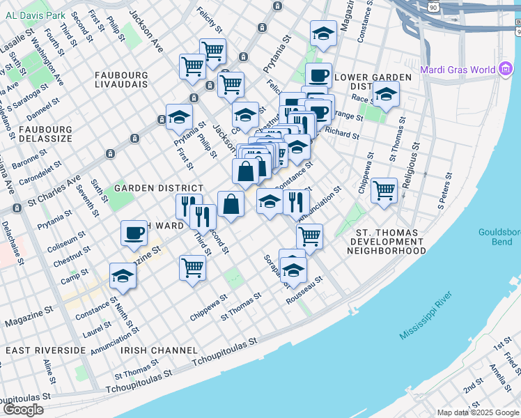 map of restaurants, bars, coffee shops, grocery stores, and more near 923 Philip Street in New Orleans