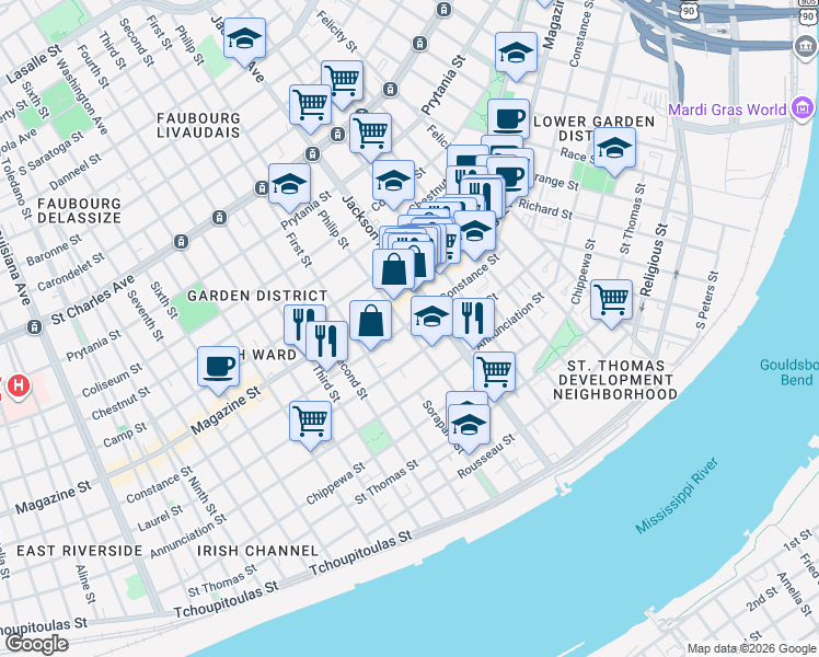 map of restaurants, bars, coffee shops, grocery stores, and more near 923 Philip Street in New Orleans