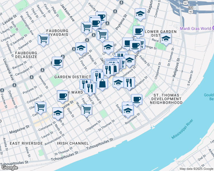 map of restaurants, bars, coffee shops, grocery stores, and more near 2331 Constance Street in New Orleans