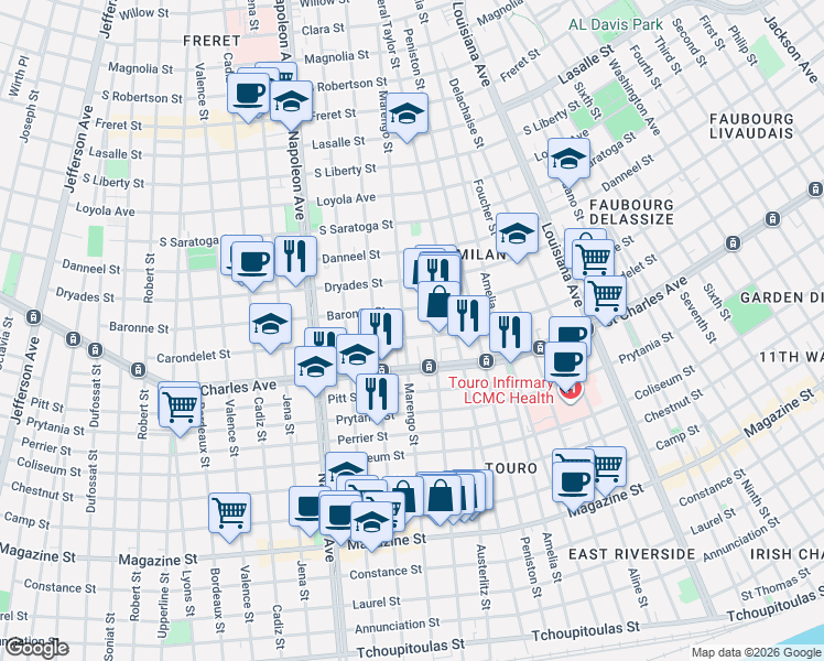map of restaurants, bars, coffee shops, grocery stores, and more near 4113 Carondelet Street in New Orleans
