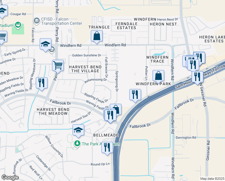 map of restaurants, bars, coffee shops, grocery stores, and more near 11027 Springsong Drive in Houston