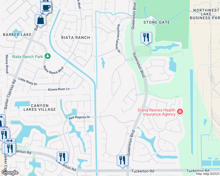 map of restaurants, bars, coffee shops, grocery stores, and more near 10819 Keystone Fairway Drive in Houston