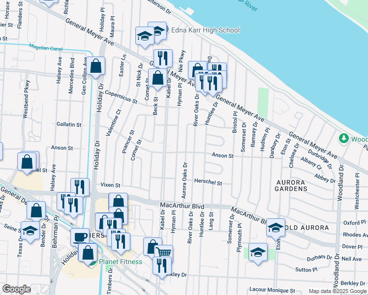 map of restaurants, bars, coffee shops, grocery stores, and more near 461 Aurora Oaks Dr in New Orleans