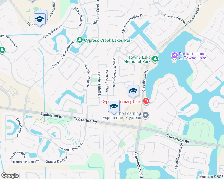 map of restaurants, bars, coffee shops, grocery stores, and more near 10315 Mayberry Heights Drive in Cypress
