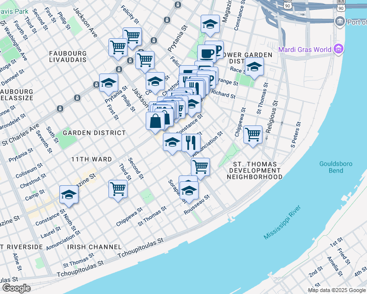 map of restaurants, bars, coffee shops, grocery stores, and more near 2132 Laurel Street in New Orleans