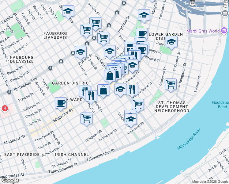 map of restaurants, bars, coffee shops, grocery stores, and more near 923 Philip Street in New Orleans