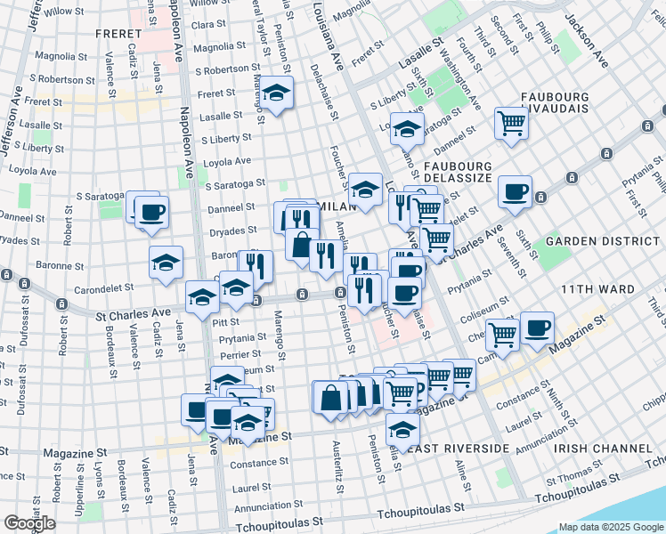 map of restaurants, bars, coffee shops, grocery stores, and more near Peniston Street in New Orleans