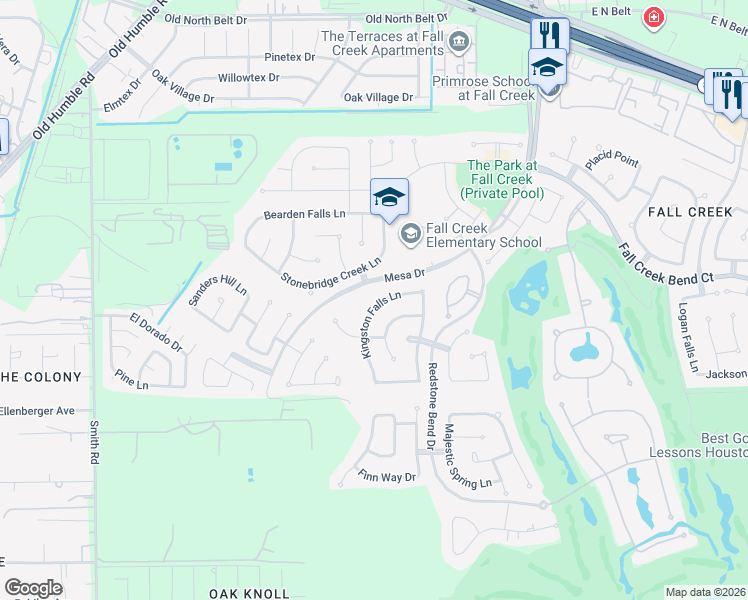 map of restaurants, bars, coffee shops, grocery stores, and more near 14319 Kingston Falls Lane in Humble