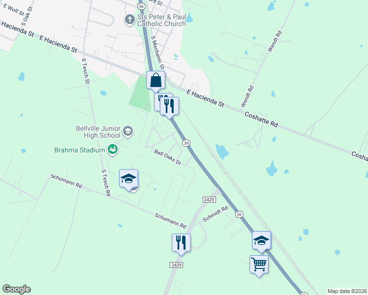 map of restaurants, bars, coffee shops, grocery stores, and more near 1447 Pin Oak Dr in Bellville