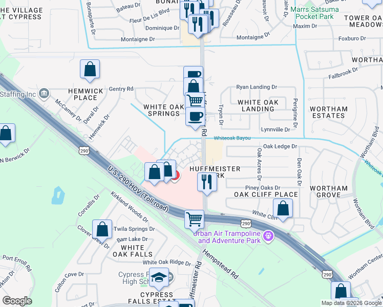 map of restaurants, bars, coffee shops, grocery stores, and more near 10451 Huffmeister Road in Houston