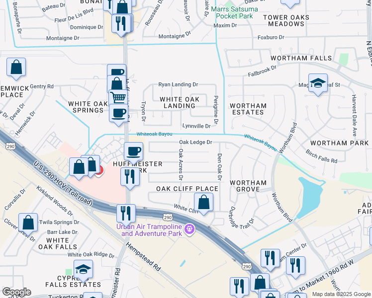 map of restaurants, bars, coffee shops, grocery stores, and more near 13426 Splintered Oak Drive in Houston