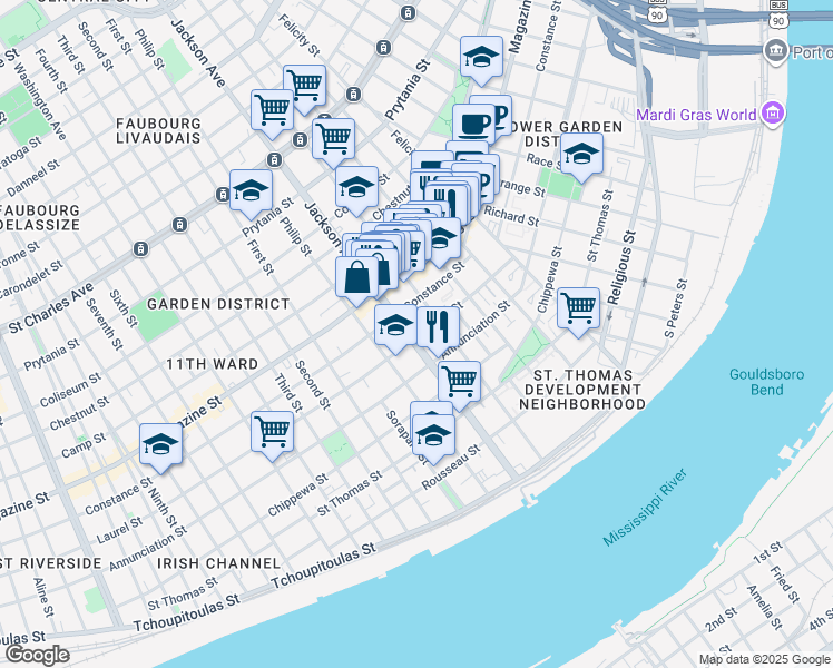 map of restaurants, bars, coffee shops, grocery stores, and more near 837 Jackson Avenue in New Orleans