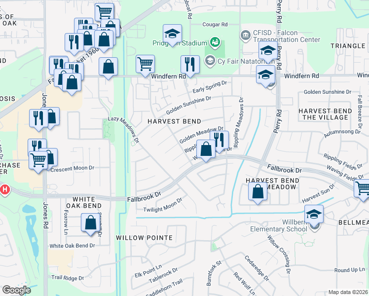 map of restaurants, bars, coffee shops, grocery stores, and more near 10214 Rippling Fields Drive in Houston