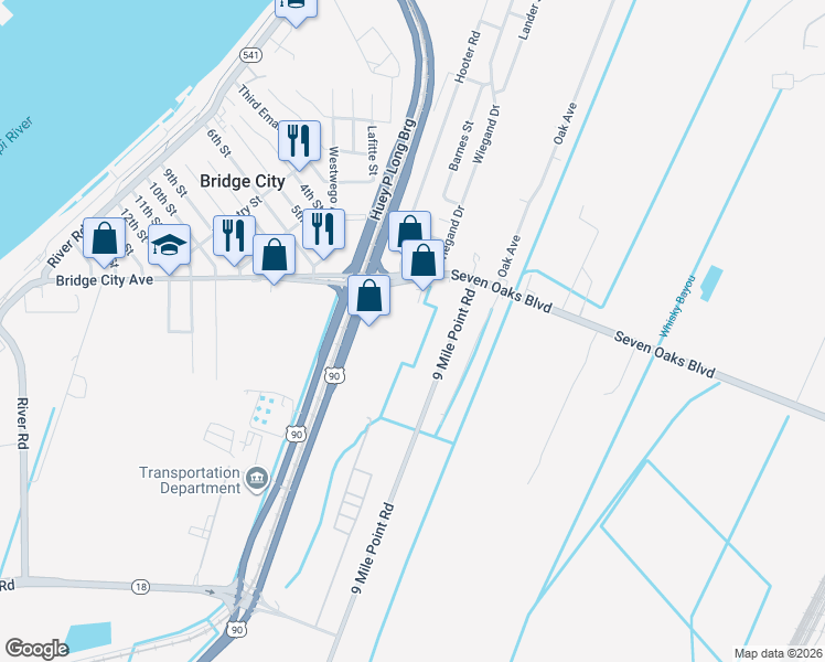 map of restaurants, bars, coffee shops, grocery stores, and more near 1433 Utah Beach Drive in Bridge City