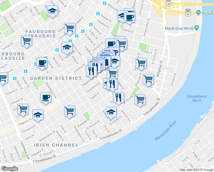 map of restaurants, bars, coffee shops, grocery stores, and more near 837 Jackson Avenue in New Orleans