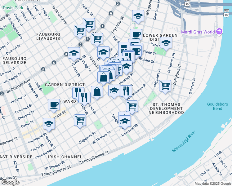map of restaurants, bars, coffee shops, grocery stores, and more near 923 Philip Street in New Orleans