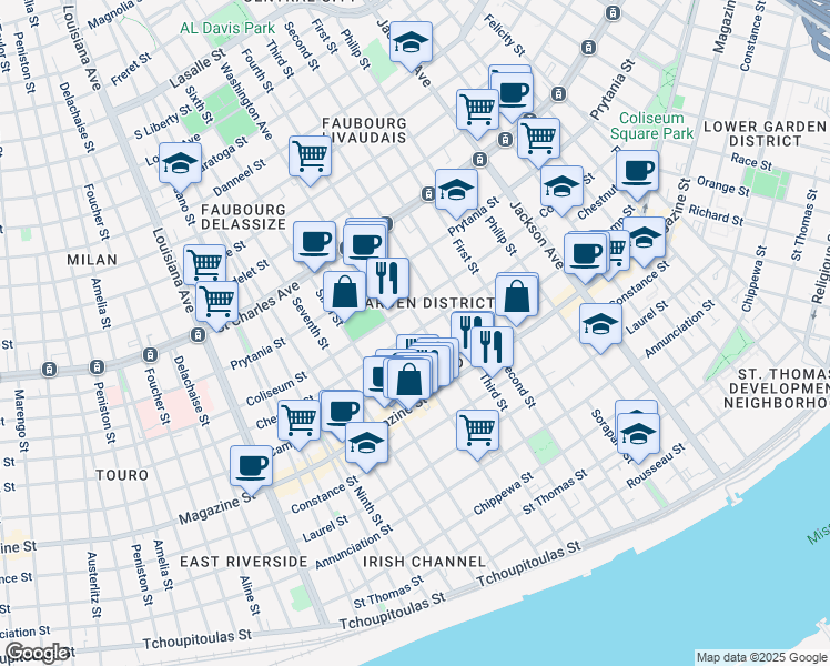 map of restaurants, bars, coffee shops, grocery stores, and more near 1217 Fourth Street in New Orleans