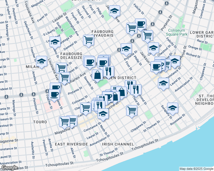 map of restaurants, bars, coffee shops, grocery stores, and more near 1308 Washington Avenue in New Orleans