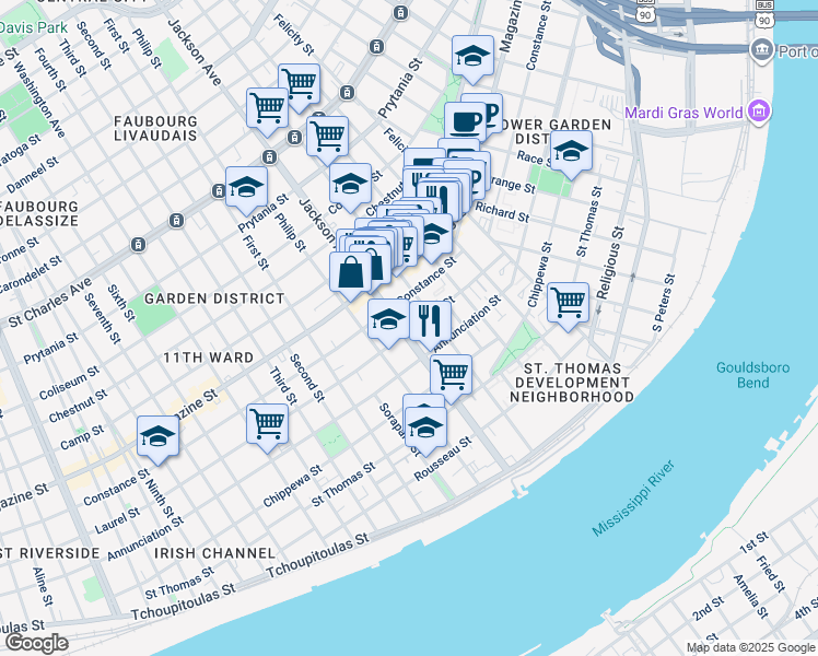 map of restaurants, bars, coffee shops, grocery stores, and more near 901 Jackson Avenue in New Orleans