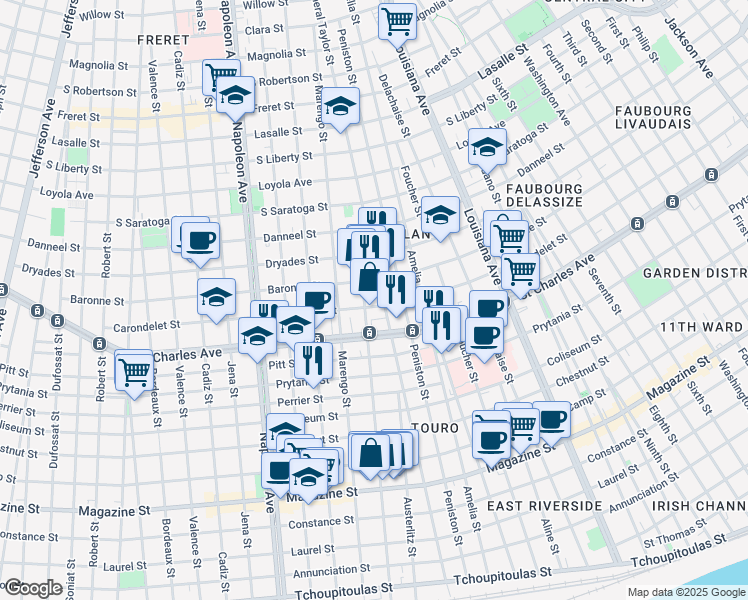 map of restaurants, bars, coffee shops, grocery stores, and more near 3923 Carondelet Street in New Orleans