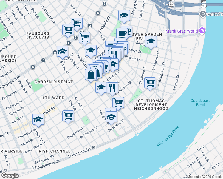 map of restaurants, bars, coffee shops, grocery stores, and more near 837 Jackson Avenue in New Orleans